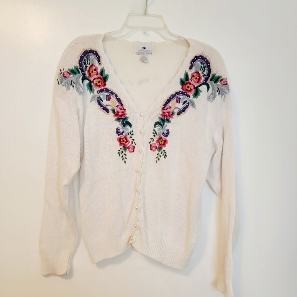 Vintage Embroidered Cardigan Sweater with Pearl Buttons by Worthington Essential